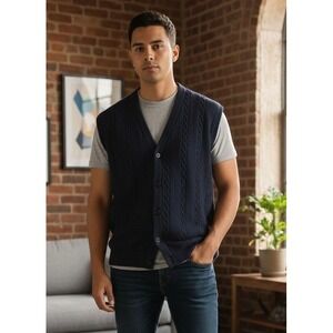 Piccadilly Mens V Neck Cable Knit Sweater Vest Size XL Navy Blue Cotton USA Made